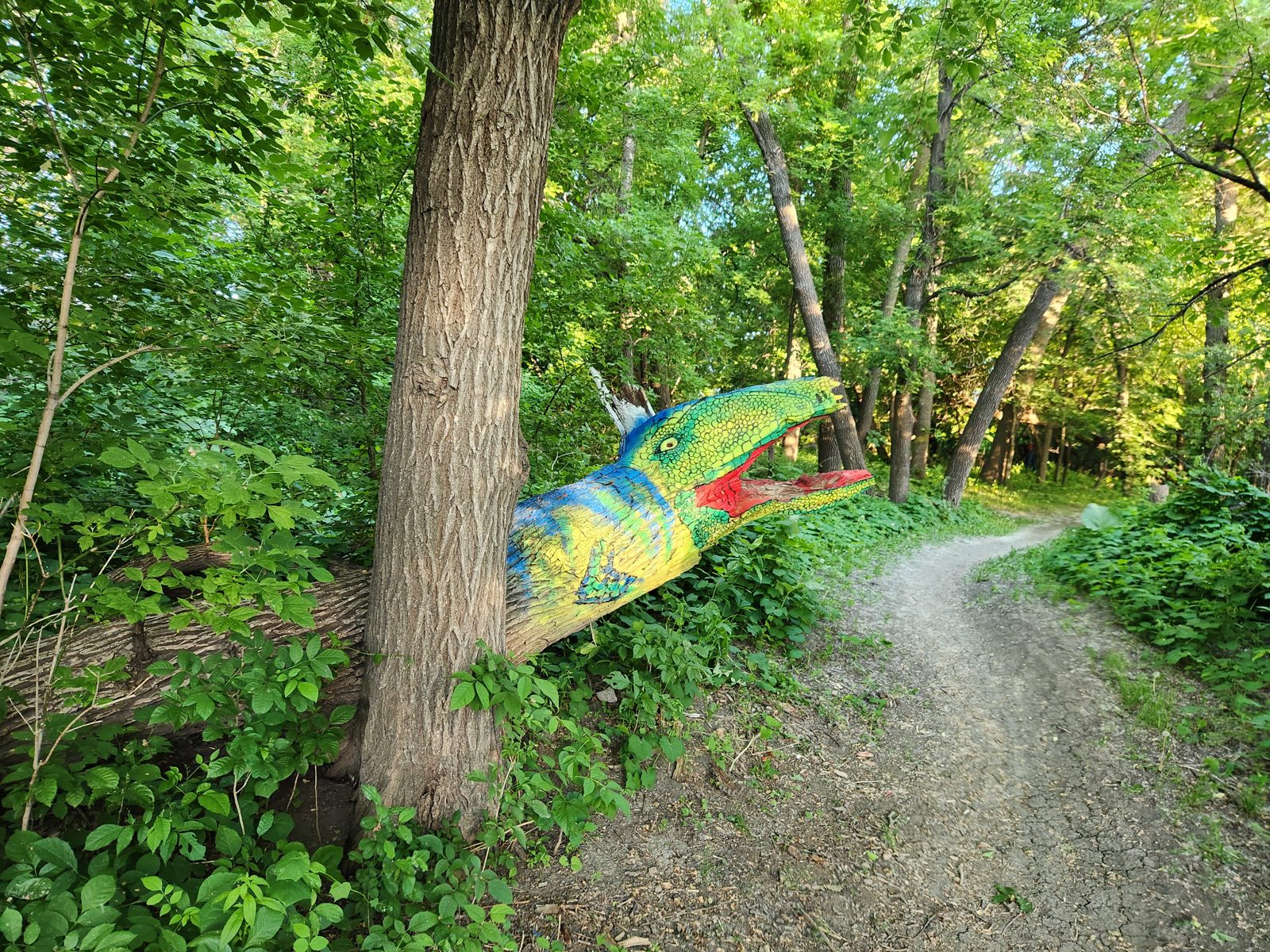 A downed tree that is painted like a lizard or a dragon along the red river in moorhead near gooseberry mound park
